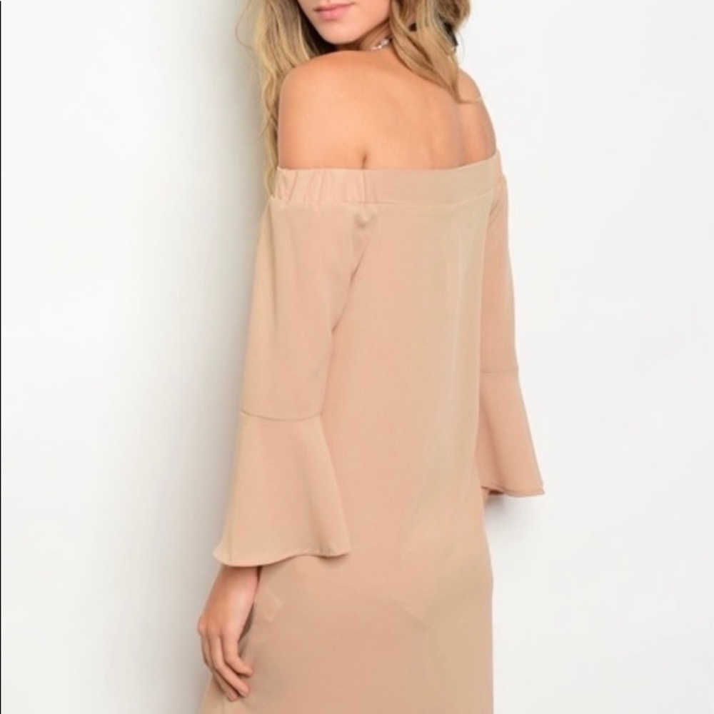 AVAILABLE TAN OFF-SHOULDER DRESS - Picture 3 of 5